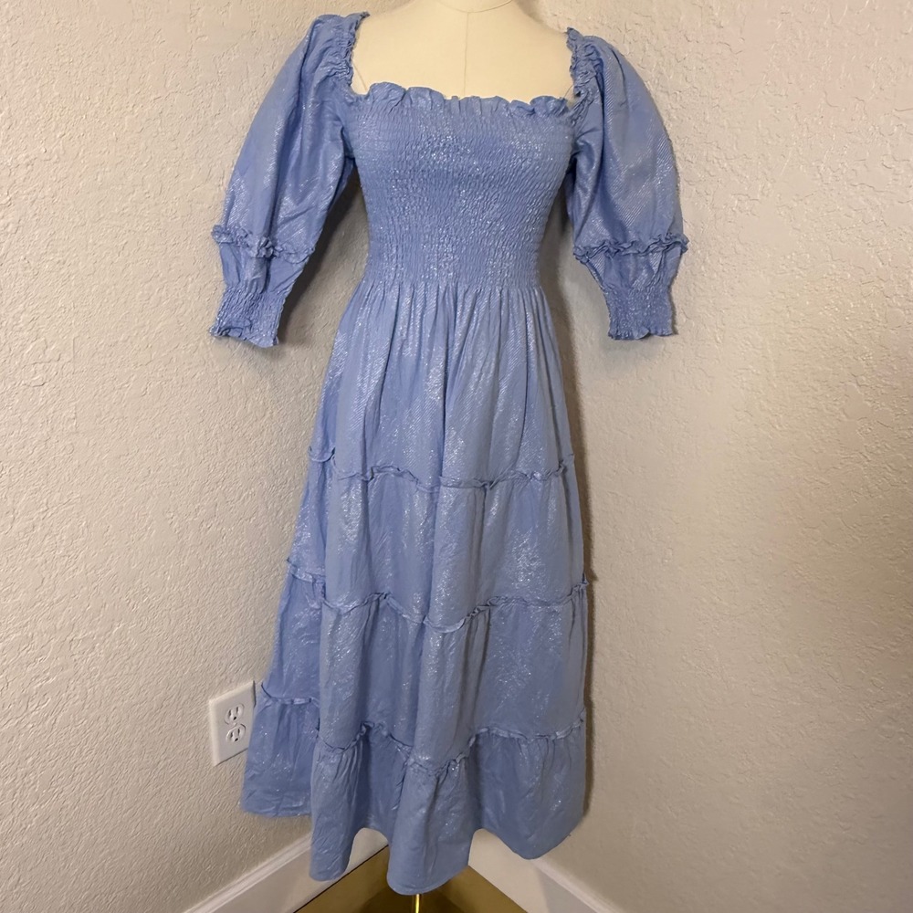 Nap Dress Hill House Home Women XS Blue Metallic Silver Sparkle Smocked Tiered